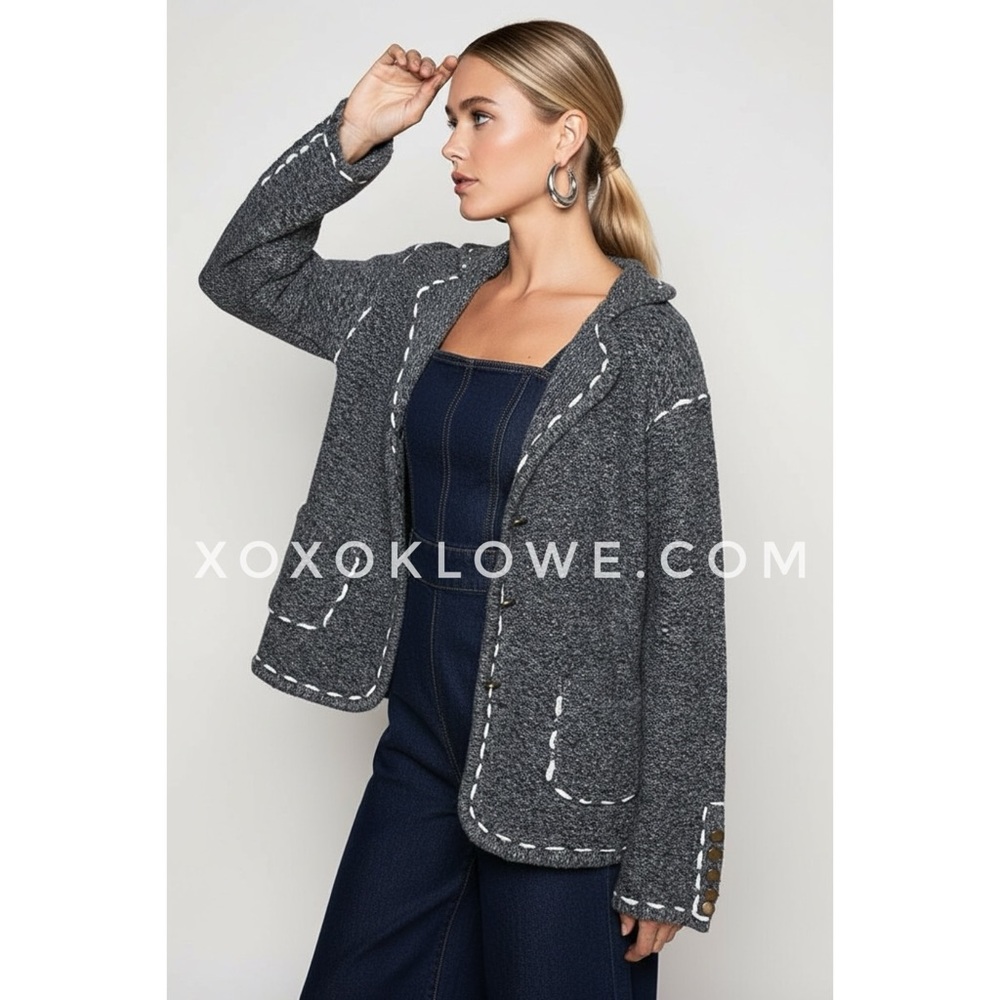 POL Dark Heather Grey Knit Blazer Cardigan | Contrast Stitch Sweater - Picture 5 of 9